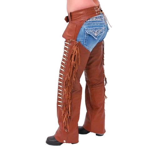 Quality Brown Genuine Cowhide Leather Horse Riding Chaps Custom Design Rear Waistband Lacing Women Racing Chaps