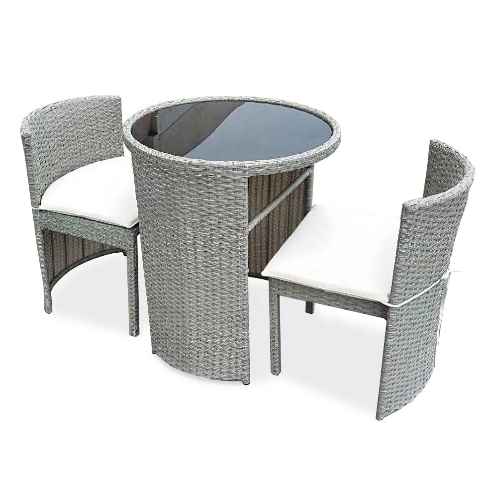 Round Grey Compact Poly Rattan Ratan Outdoor Bistro Table Set Patio Balcony Garden Furniture