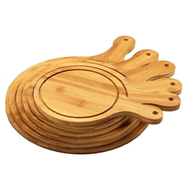 Round Natural Bamboo Wooden Pizza Tray with Handle Homemade Pizza Bread Tray Cutting Board