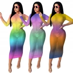 Sexy semi-transparent gradient print mesh women hollow out midi dresses