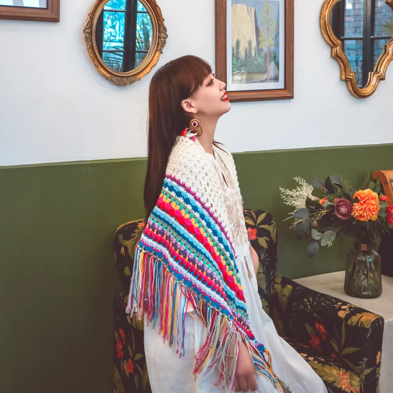 shot original national style pure hand crocheted colorful tassel rainbow scarf women&#x27;s Shawl for winter