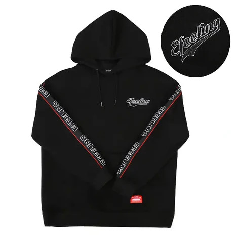 Side Woven Tape Embroidered Unisex Hoodies Organic Cotton Pullover Hoodie With Sports Tape