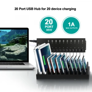 Sipolar 20 Port USB 2.0 Hub 20 Charger and Syncs Port with 12V 8A Desktop Power Adapter A-805