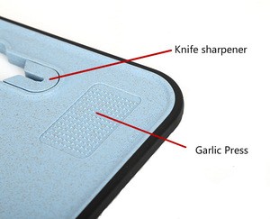 Small size Kitchen accessories multi purpose chopping board wheat straw cutting board with knife sharpener and garlic press
