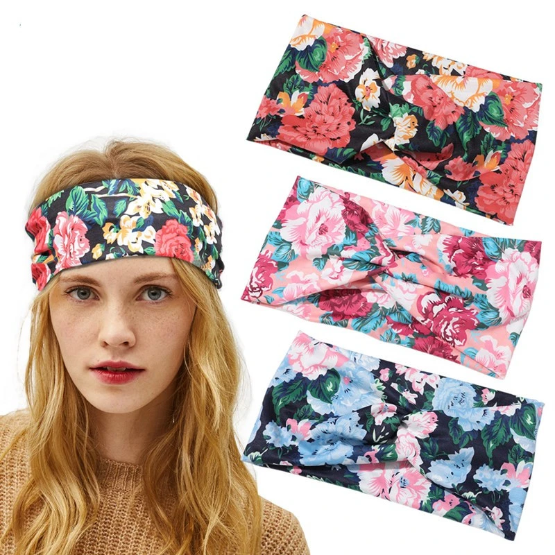 Solhui Nonslip Elastic Yoga Hairband Wide Sports Sweat Headband Stretch TieDye Floral Knot Hair Bands