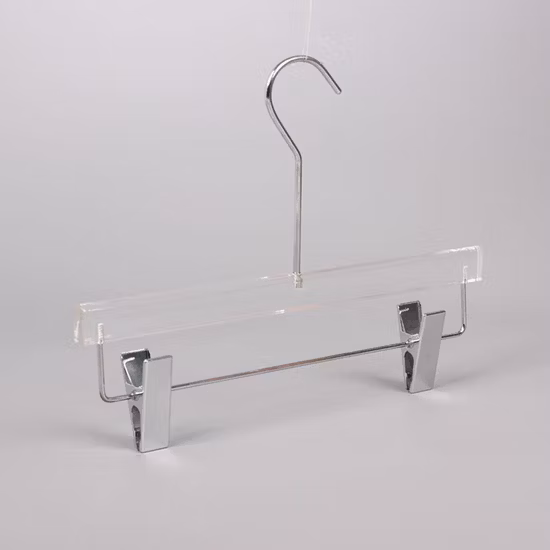 Lucite Acrylic Plexiglass Bottom Clothes Crystal Hangers with Stainless Anti-Slip Chrome Metal Clip in White/Gray/Blue Transparent Clear Color for Dress/Pants