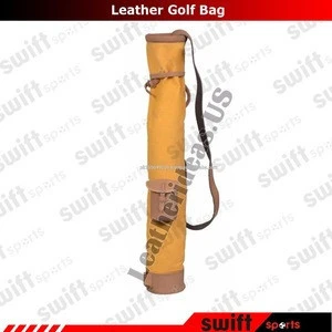 Tan Cowhide Leather Canvas Golf Club Ball Bag Single Pocket H-34 inch D5.5 inch