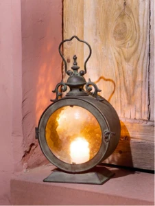 Vintage Metal Hanging Candle Lantern Curved Glass