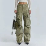 VPA786651 High quality fall winter new design clothes big pocket trouser wide leg pants women PU leather pants loose cargo pants