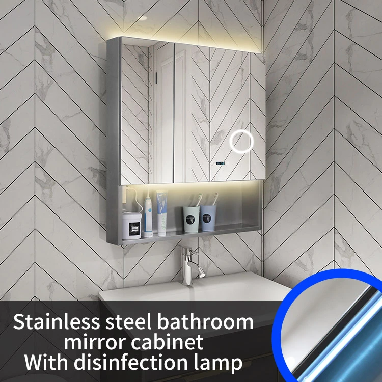 Waterproof intelligent stainless steel bathroom mirror cabinet with UV sterilizing light