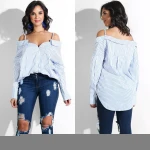 wholesale custom ladies  wear off shoulder strap button up striped long-sleeved shirt ladies casual apparel
