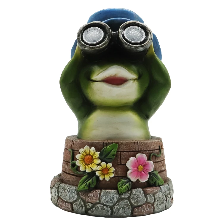 Wholesale resin animal statue, garden animal solar lamps art wear ones hat frog statue garden solar light ornament,