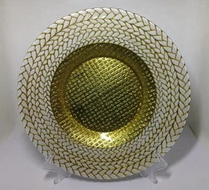 wholesale wedding decoration round crystal colored gold rim glass charger plates