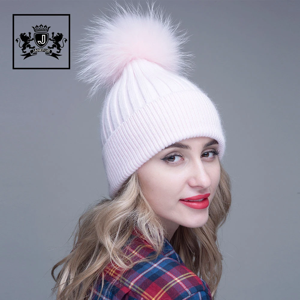 Wholesale winter angora knitting  hat women detachable raccoon fur ball hat