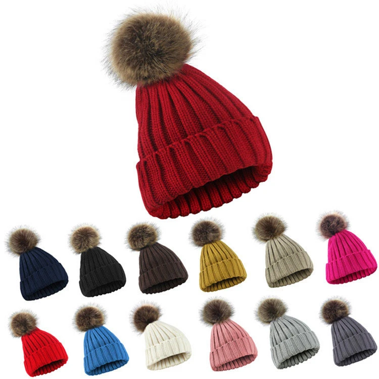 Winter beanie Warm Knitted Hat Solid color pom pom Hat Thicken Knitted hat