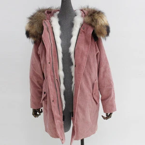 Woman Latest Fashion Winter Sheep Fur or Fox Fur Lining Corduroy Jacket 2018 Fashion Style Fur Parka