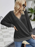 Women Fashion Long Sleeve V Neck Solid Color Blouse T-Shirt