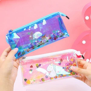 Zogift new cartoon kids kawaii unicorn stationery items personalized clear laser pvc glitter sequin pencil case storage bag