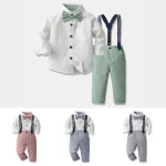 Korean version of children's suspenders bow tie set solid color long sleeve cotton cardigan autumn male baby Boys' suit