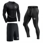 MEETEU Men’s Compression Leggings Set, Quick Dry Sports T Shirt, Gym Underwear for Running Cycling, Base Layers Tights with Loose Fitting Shorts