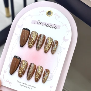 Warm Chocolate Brow Gold Glitter&Swirl Accent Almond Press-On Nails