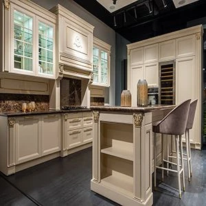 Cream-colored traditional solid wood kitchen cabinet with island cabinet marble benchtop