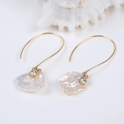 18*21mm Big Size Natural Freshwater White Petal Shape Keshi Pearl Long Dangling Earrings