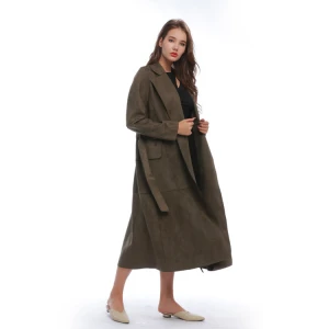 2020 Casual Women Winter Brown Knitted Notched Lapel Belt Plus Size Long Trench Coats for Women