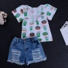 2020 summer Kids Wear Summer Teen Girl Clothing Set A white top with food printed on it and a ripped jeans suit