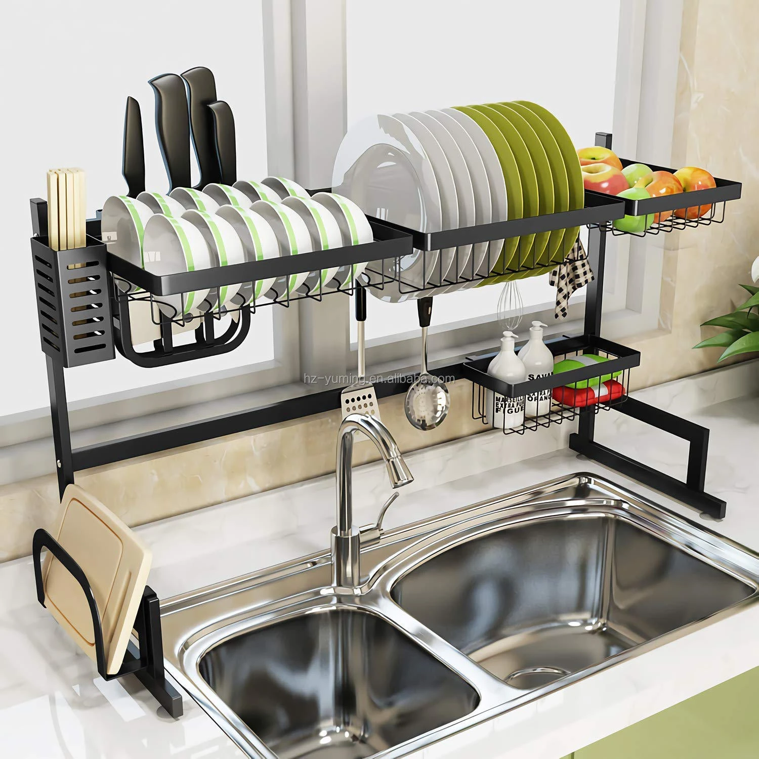 2021 hot selling stainless steel  Dish Drainer 304 adjustable Kitchen 2-Tier Dish Rack with Utensil Holder