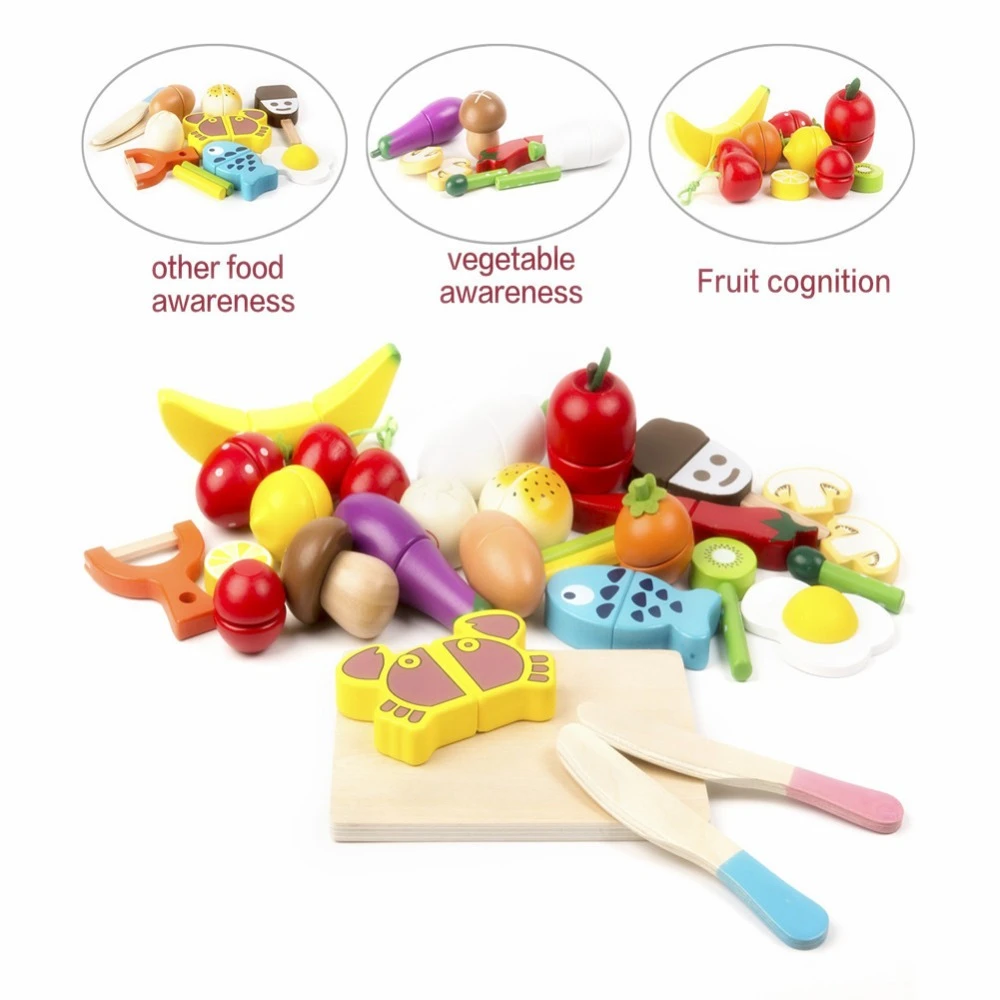 2021 Preschool Kids educational 30pcs Wooden Magnetic fruit and vegetable cutting toys Kitchen play set WFT007-E