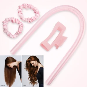 2021custom logo no heat hair curler with mulberry silk heatless hair curl silk pink Designed overnight silk ribbon lazy curler