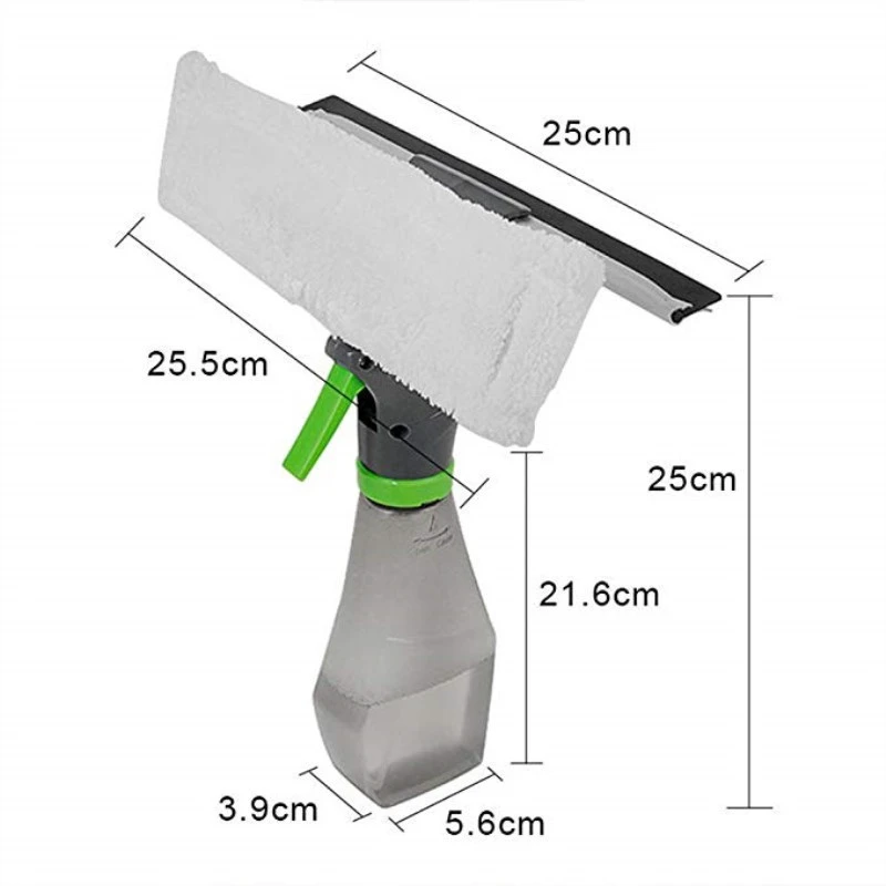 3 in 1 Multipurpose Hand-held Window cleaner  with Spray Bottle 25cm rubber squeegee and microfiber washer, 250ml volume  bottle