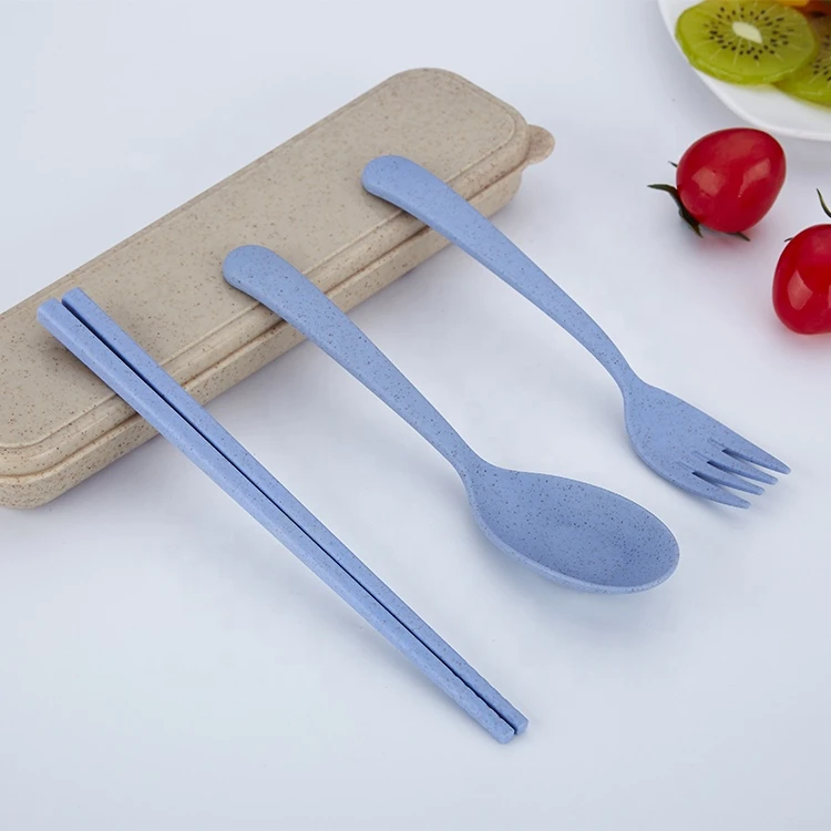 3pcs set Eco friendly wheat cutlery set chopstick fork spoon sets with wheat box