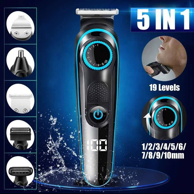 5 In1 Hair Clipper Professional Rechargeable Hair Trimmer Shaver Barber Cutting Mustache Clipper Cordless Men Hair Cutter