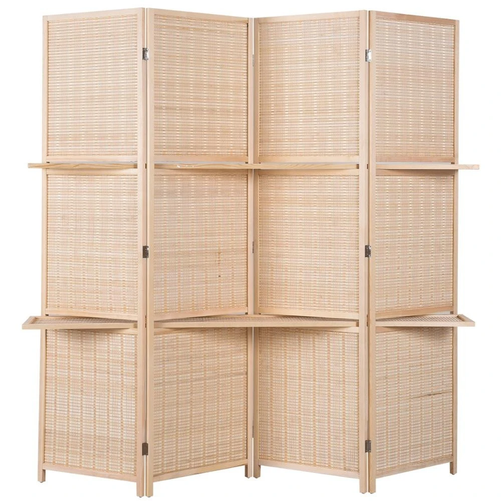 6 ft Tall Beige Woven Bamboo Room Divider Folding Privacy Screens Partition Wall with 2 Display Shelves