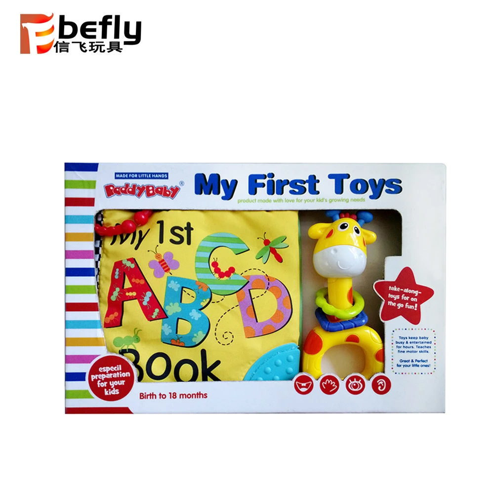 ABC alphabet baby soft cloth book with giraffe rattle toy