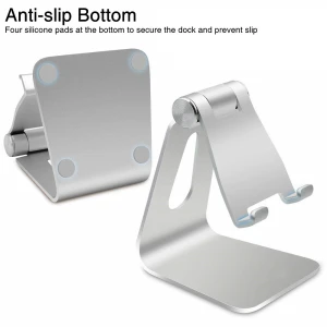 Adjustable Cell Phone Stand, Aluminum Desktop Cellphone Stand with Anti-Slip Base and Convenient Charging Port