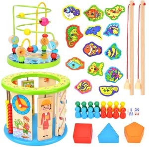 Amazon hot sale multi function montessori wooden activity cube box toy educational wooden bead maze abacus fishing toys for kids