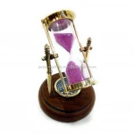Antique Brass Sand Timer With Compass On Wooden Base - Showpiece For Home - Office - Gift - Hour Glass - Sand Glass - Sand Clock