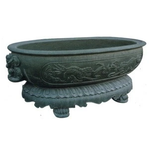 Antique Natural Granite Stone Bonsai Bowl Garden Landscape Stone Long Flower Planter Penjing Art Stone Pot With Dragon Carving