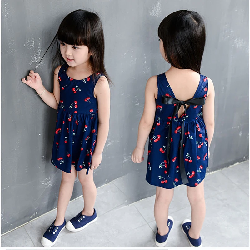 Aselnn Girls&#x27; dresses flower cherry printed baby dress girls sleeveless vest summer kids clothing girl dress