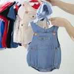 Baby Girl Summer Romper and Hat Set Infant Denim Tank Romper and Matching Cap 2 Pieces Fashion Toddler Clothing Set Blue Beige