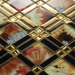 Best Sale Sunflower Design Crystal Gold Color Glass Mosaic tile Decorative