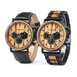 BOBO BIRD P09 Wood and Stainless Steel Watches Luminous Hands Stop Watch Mens Quartz Wristwatches in Wooden Box