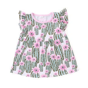 Cactus Printing Top Shirt Pink Ruffle Shorts Set Cotton Knit Outfit Wholesale Baby Girls Clothing Set