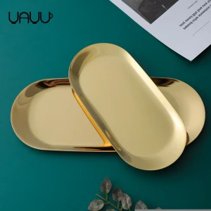 China factory supply modern style luxury wedding oval shape metal serving stainless steel gold tray