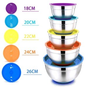 colorful plastic lids stainless mixing bowl with nonslip silicone bottom salad bowl cake baking bowl
