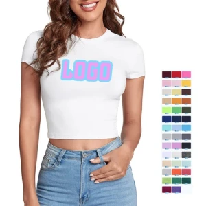 cotton  polyester womens skinny neckline short sleeve slim fit crop  lightweight  t shirt