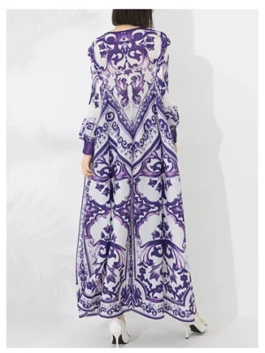 Crepe polyester Full length modest O neck elastic cuff ethnic pattern Loose size American europe women maxi dress with sleeves